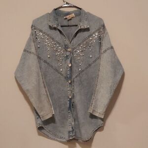 Vintage Monique Fashions Embellished Denim Shirt Pearl Rhinestone Western 5/6 S